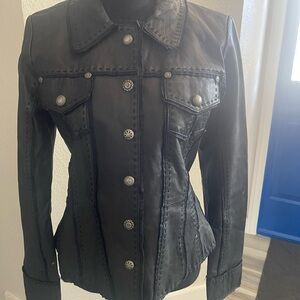 Womens Black Leather Button-Front Jacket